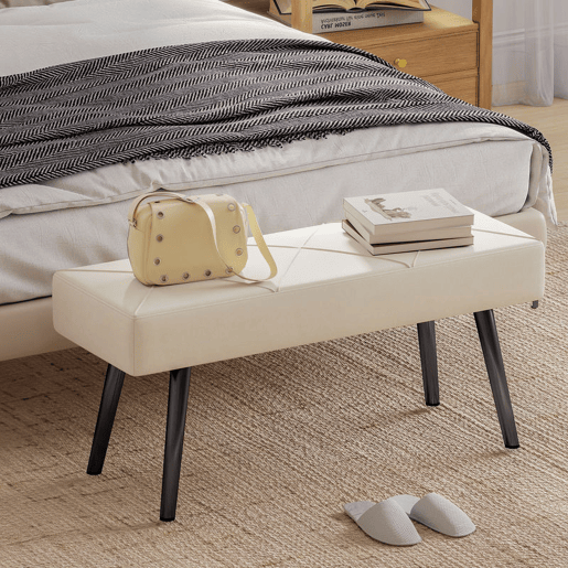 HOMCOM Banco de Pé de Cama Multifuncional Banco de Pé de Cama Moderno Banco de Dormitório com Pés de Aço e Assento Acolchoado Carga Máxima 120 kg Entrada Corredor 100x36x45 cm Creme