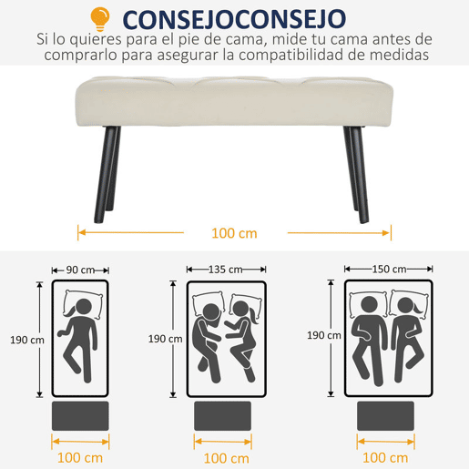 HOMCOM Banco de Pé de Cama Multifuncional Banco de Pé de Cama Moderno Banco de Dormitório com Pés de Aço e Assento Acolchoado Carga Máxima 120 kg Entrada Corredor 100x36x45 cm Creme