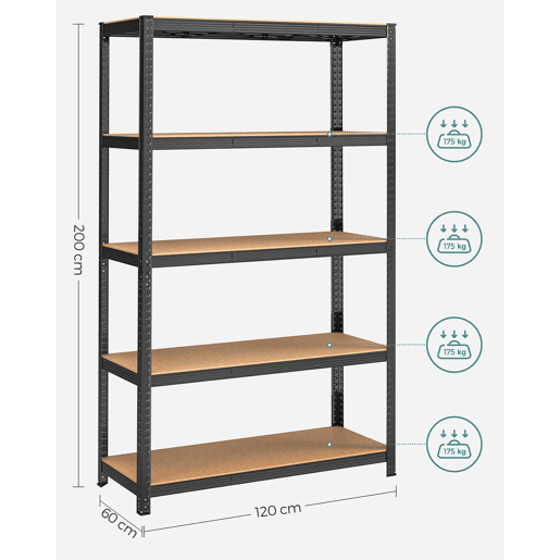 Unidade de prateleiras de 5 níveis para serviços pesados 60 x 120 x 200 cm unidade de armazenamento de aço montagem sem ferramentas prateleira de garagem para caixas de ferramentas capacidade de 875 kg preta 12_0005570