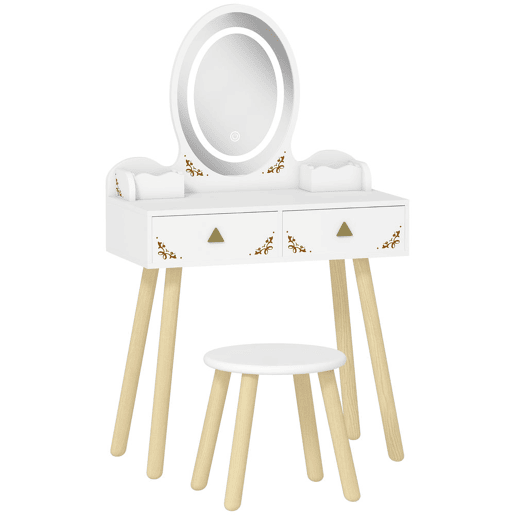 AIYAPLAY Tocador de Maquilhagem com Luzes LED de 3 Cores 2 em 1 Tocador Infantil com Banco Espelho 2 Gavetas 2 Caixas de Armazenamento para Crianças acima de 3 Anos 60x30x99,3 cm Branco