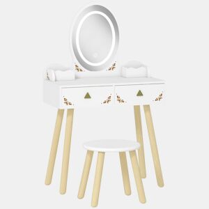 AIYAPLAY Tocador de Maquilhagem com Luzes LED de 3 Cores 2 em 1 Tocador Infantil com Banco Espelho 2 Gavetas 2 Caixas de Armazenamento para Crianças acima de 3 Anos 60x30x99,3 cm Branco