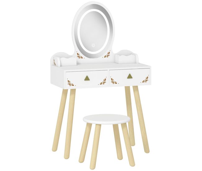 Aiyaplay tocador de maquillaje niña con luces led de 3 colores, 2 en 1, escritorio, tocador infantil con taburete, espejo, 2 cajones, 2 cajas de