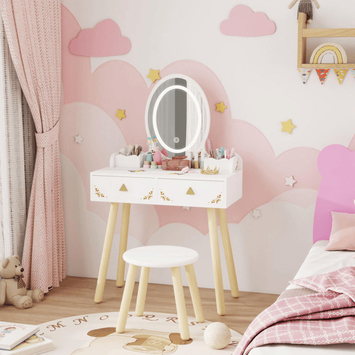 AIYAPLAY Tocador de Maquilhagem com Luzes LED de 3 Cores 2 em 1 Tocador Infantil com Banco Espelho 2 Gavetas 2 Caixas de Armazenamento para Crianças acima de 3 Anos 60x30x99,3 cm Branco