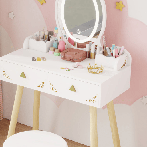 AIYAPLAY Tocador de Maquilhagem com Luzes LED de 3 Cores 2 em 1 Tocador Infantil com Banco Espelho 2 Gavetas 2 Caixas de Armazenamento para Crianças acima de 3 Anos 60x30x99,3 cm Branco