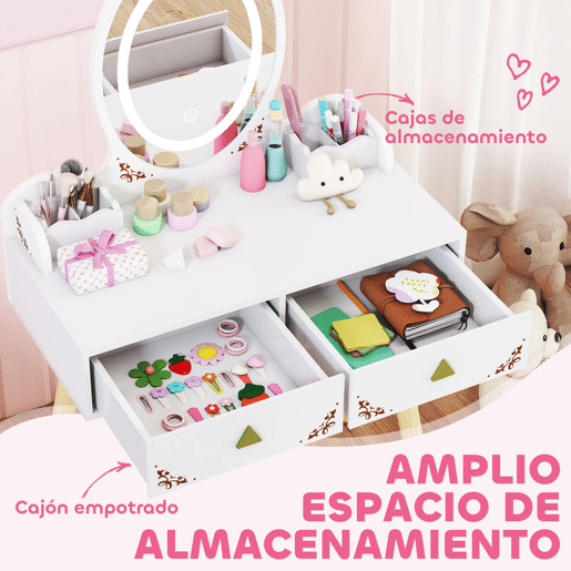 AIYAPLAY Tocador de Maquilhagem com Luzes LED de 3 Cores 2 em 1 Tocador Infantil com Banco Espelho 2 Gavetas 2 Caixas de Armazenamento para Crianças acima de 3 Anos 60x30x99,3 cm Branco
