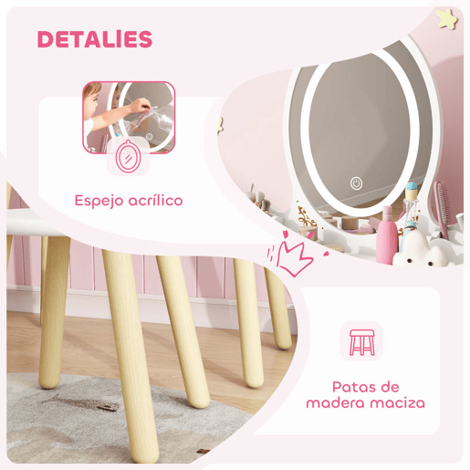 AIYAPLAY Tocador de Maquilhagem com Luzes LED de 3 Cores 2 em 1 Tocador Infantil com Banco Espelho 2 Gavetas 2 Caixas de Armazenamento para Crianças acima de 3 Anos 60x30x99,3 cm Branco