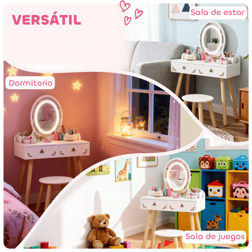 AIYAPLAY Tocador de Maquilhagem com Luzes LED de 3 Cores 2 em 1 Tocador Infantil com Banco Espelho 2 Gavetas 2 Caixas de Armazenamento para Crianças acima de 3 Anos 60x30x99,3 cm Branco