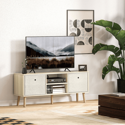 HOMCOM Móvel de TV para Televisores de até 50 Polegadas Móvel de Sala de Estar Moderno com 2 Gavetas de Tecido 2 Prateleiras Abertas e Orifício Passa Cabos 110x29x46,5 cm Madeira Clara e Bege