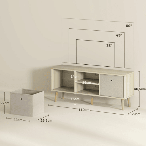 HOMCOM Móvel de TV para Televisores de até 50 Polegadas Móvel de Sala de Estar Moderno com 2 Gavetas de Tecido 2 Prateleiras Abertas e Orifício Passa Cabos 110x29x46,5 cm Madeira Clara e Bege