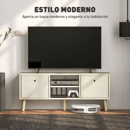 HOMCOM Móvel de TV para Televisores de até 50 Polegadas Móvel de Sala de Estar Moderno com 2 Gavetas de Tecido 2 Prateleiras Abertas e Orifício Passa Cabos 110x29x46,5 cm Madeira Clara e Bege