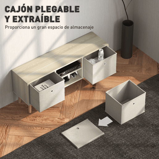 HOMCOM Móvel de TV para Televisores de até 50 Polegadas Móvel de Sala de Estar Moderno com 2 Gavetas de Tecido 2 Prateleiras Abertas e Orifício Passa Cabos 110x29x46,5 cm Madeira Clara e Bege