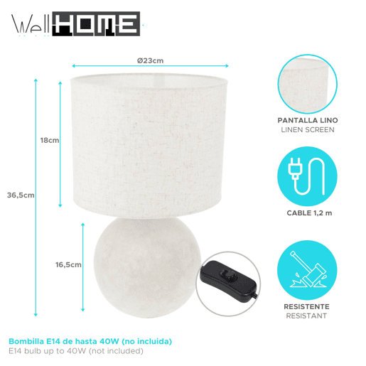 Abajur de mesa E14 40W em cerâmica na cor branco-creme, altura 36,5 cm. Abajur de mesa E14 40W em cerâmica na cor branco-creme, altura 36,5 cm.
