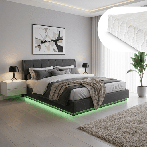 Cama estofada Tröstiar LED com base de ripas dobrável + colchão 180x200cm - Preto en.casa