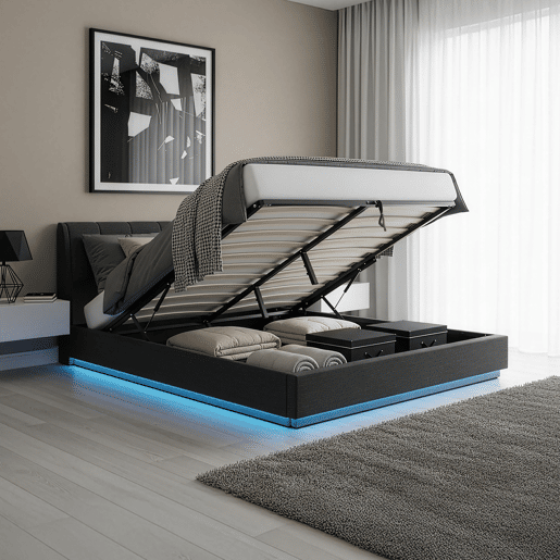 Cama estofada Tröstiar LED com base de ripas dobrável + colchão 180x200cm - Preto en.casa
