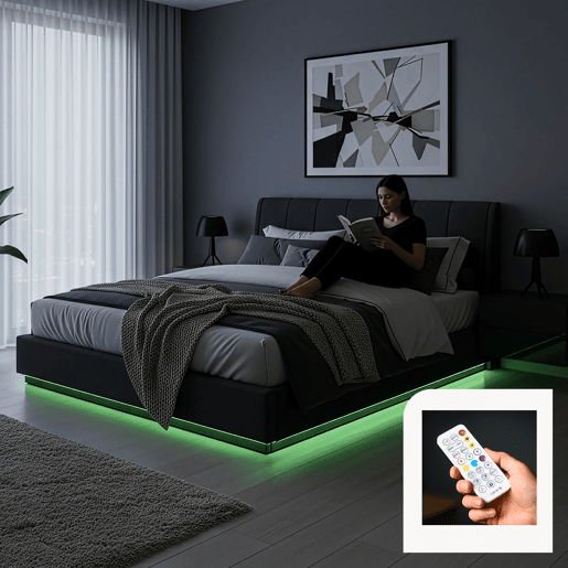 Cama estofada Tröstiar LED com base de ripas dobrável + colchão 180x200cm - Preto en.casa