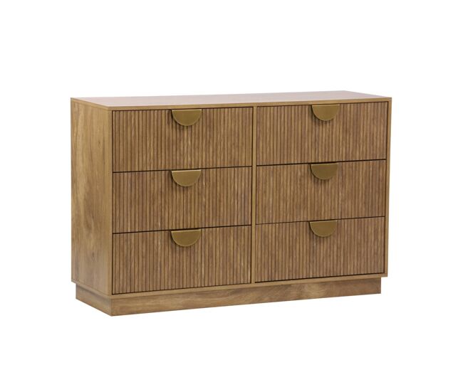 Cómoda efecto madera de mango con acabado ranurado, 6 cajones efecto madera miel - 120x39x79 cm