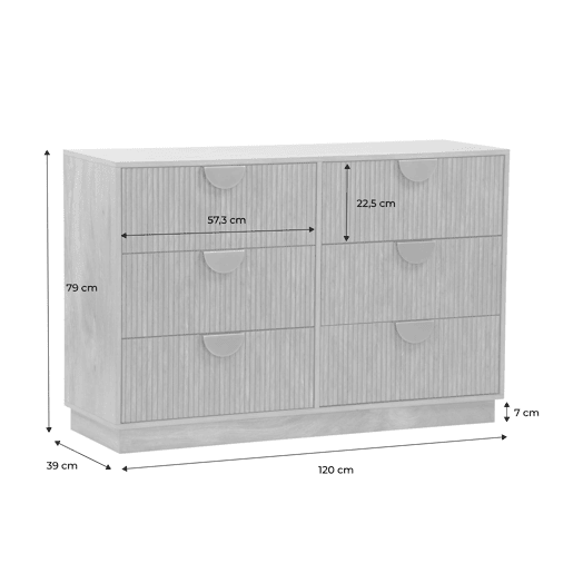 Cômoda efeito madeira de mangueira entalhada, 6 gavetas, Celian, Manguier, 120x39x79 cm