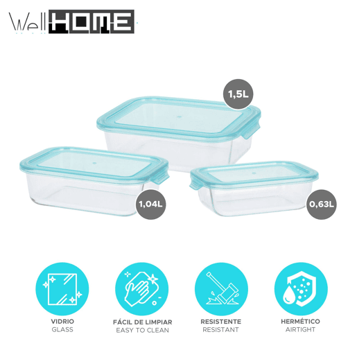 Conjunto de 3 recipientes de vidro para armazenamento Conjunto de 3 recipientes de vidro para armazenamento