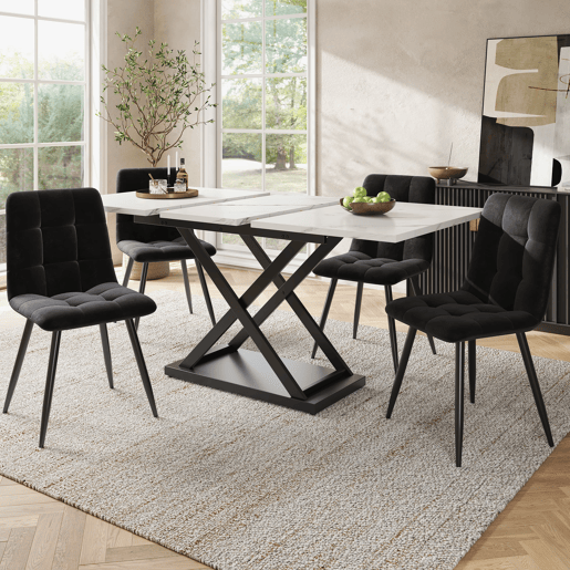 Conjunto de sala de jantar de 5 peças 160×80×75 cm - Mesa extensível com 4 cadeiras de veludo preto - Mármore branco