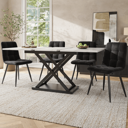 Conjunto de sala de jantar de 5 peças 160×80×75 cm - Mesa extensível com 4 cadeiras de veludo preto - Mármore branco