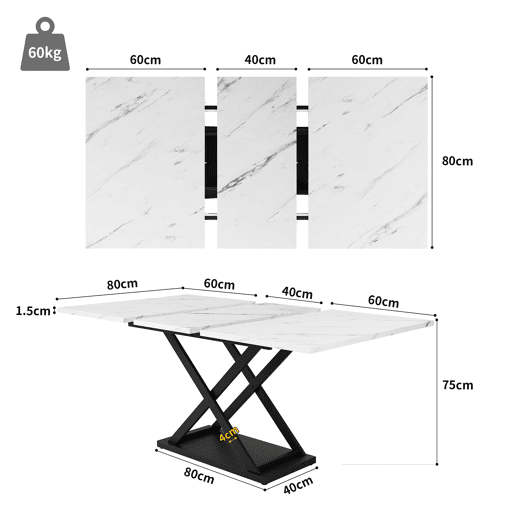 Conjunto de sala de jantar de 5 peças 160×80×75 cm - Mesa extensível com 4 cadeiras de veludo preto - Mármore branco