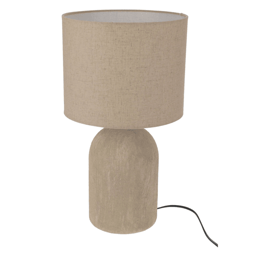 Abajur de mesa E14 40W em cerâmica com cúpula de linho cor areia, 45,5 cm de altura.