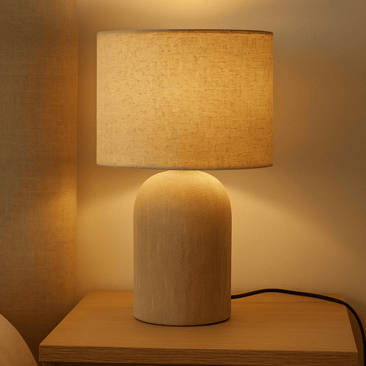 Abajur de mesa E14 40W em cerâmica com cúpula de linho cor areia, 45,5 cm de altura.