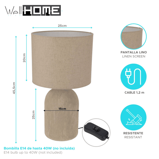 Abajur de mesa E14 40W em cerâmica com cúpula de linho cor areia, 45,5 cm de altura.