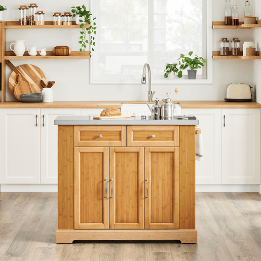 Ilha de cozinha sobre rodas SoBuy com bancada extensível, armário economizador de espaço, carrinho de cozinha com rodas, com duas gavetas e prateleira ajustável Natural 107x(46-71) x92,5 cm FKW130-N