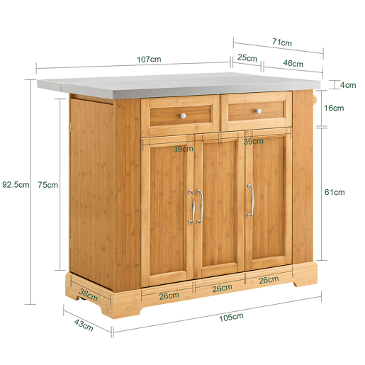 Ilha de cozinha sobre rodas SoBuy com bancada extensível, armário economizador de espaço, carrinho de cozinha com rodas, com duas gavetas e prateleira ajustável Natural 107x(46-71) x92,5 cm FKW130-N