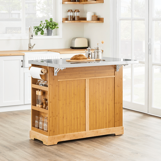 Ilha de cozinha sobre rodas SoBuy com bancada extensível, armário economizador de espaço, carrinho de cozinha com rodas, com duas gavetas e prateleira ajustável Natural 107x(46-71) x92,5 cm FKW130-N