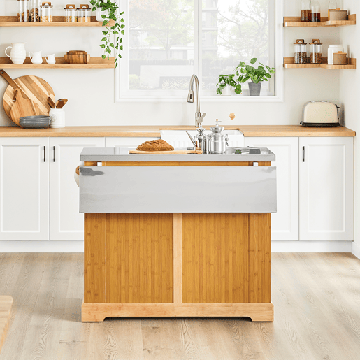 Ilha de cozinha sobre rodas SoBuy com bancada extensível, armário economizador de espaço, carrinho de cozinha com rodas, com duas gavetas e prateleira ajustável Natural 107x(46-71) x92,5 cm FKW130-N