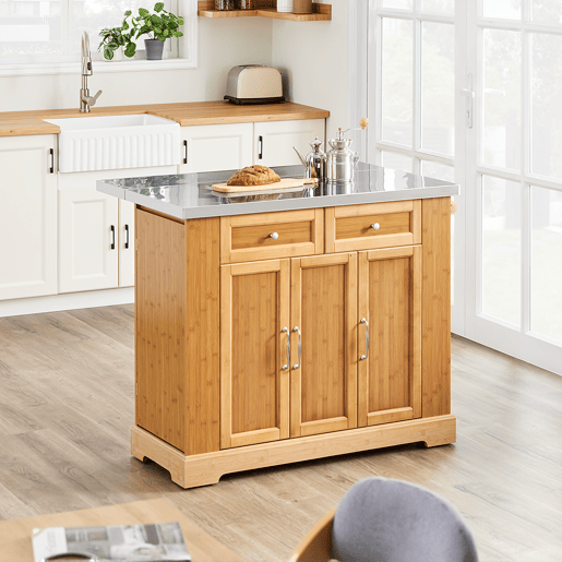 Ilha de cozinha sobre rodas SoBuy com bancada extensível, armário economizador de espaço, carrinho de cozinha com rodas, com duas gavetas e prateleira ajustável Natural 107x(46-71) x92,5 cm FKW130-N