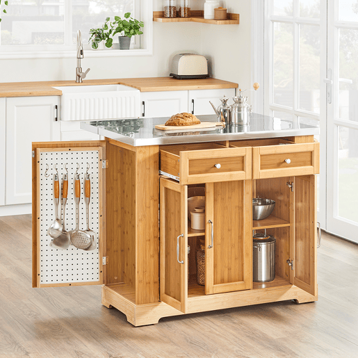 Ilha de cozinha sobre rodas SoBuy com bancada extensível, armário economizador de espaço, carrinho de cozinha com rodas, com duas gavetas e prateleira ajustável Natural 107x(46-71) x92,5 cm FKW130-N