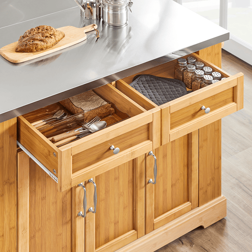 Ilha de cozinha sobre rodas SoBuy com bancada extensível, armário economizador de espaço, carrinho de cozinha com rodas, com duas gavetas e prateleira ajustável Natural 107x(46-71) x92,5 cm FKW130-N