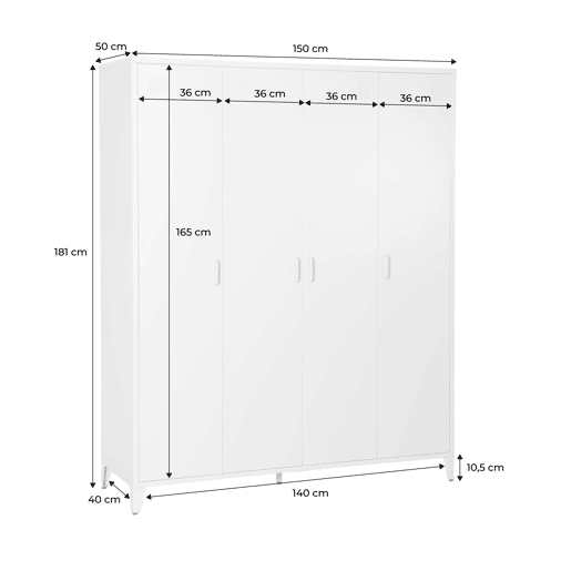 Armário industrial metal 4 portas, 10 prateleiras, 1 cabide, Soho, Preto, 150x50x180 cm