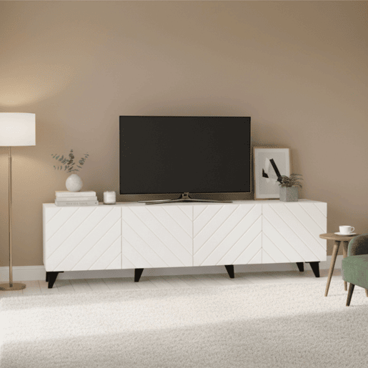 Móvel para TV Josi com 4 portas, 200 cm, para sala de estar ou jantar, em melamina branca brilhante.