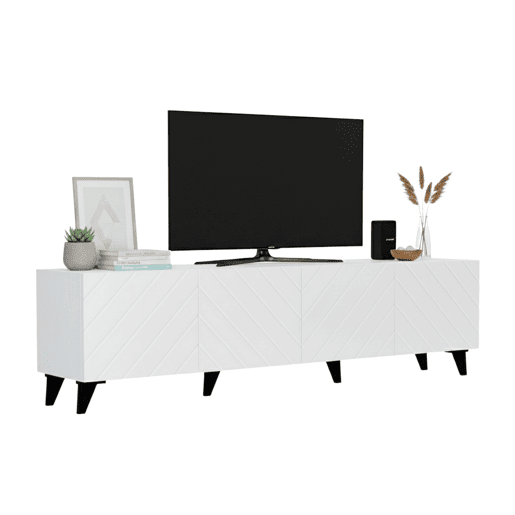 Móvel para TV Josi com 4 portas, 200 cm, para sala de estar ou jantar, em melamina branca brilhante.