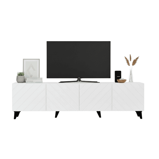 Móvel para TV Josi com 4 portas, 200 cm, para sala de estar ou jantar, em melamina branca brilhante.