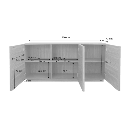 Buffet efeito madeira 3 portas, 160cm, Kuba, Natural, 160x43x75 cm