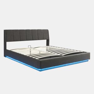 Cama estofada Tröstiar LED com base de ripas dobrável linho 180x200cm - Preto en.casa