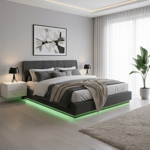 Cama estofada Tröstiar LED com base de ripas dobrável 180x200cm - Preto en.casa