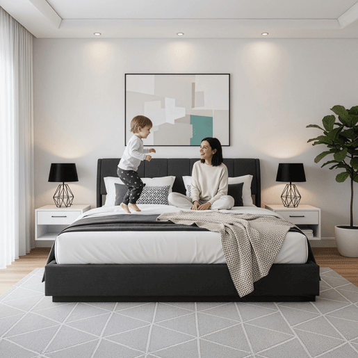 Cama estofada Tröstiar LED com base de ripas dobrável 180x200cm - Preto en.casa