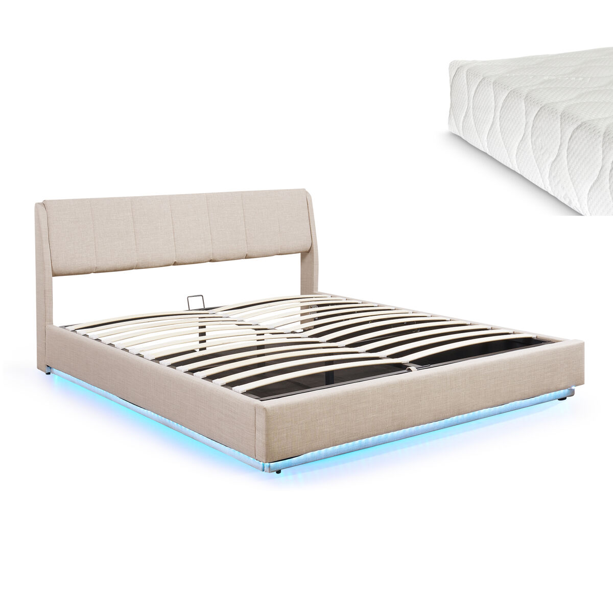 Cama tapizado led tröstiar con somier abatible + colchón 180x200cm beige [en.casa]