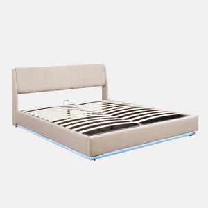 Cama estofada Tröstiar LED com base de ripas dobrável + colchão 180x200cm - Bege en.casa