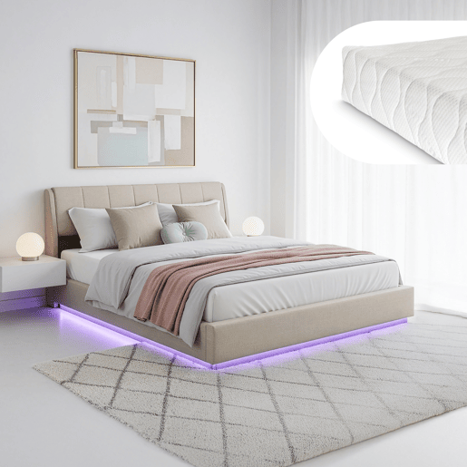Cama estofada Tröstiar LED com base de ripas dobrável + colchão 180x200cm - Bege en.casa