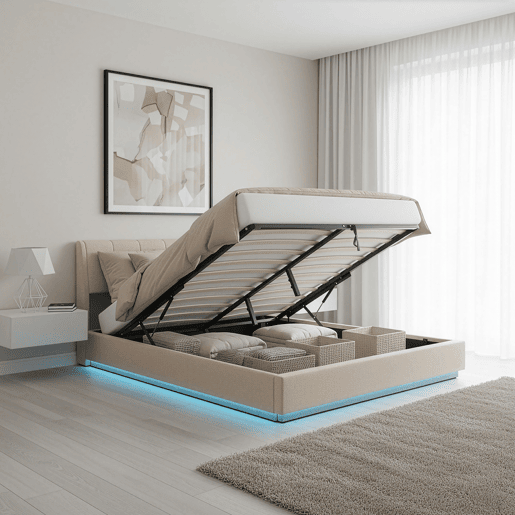 Cama estofada Tröstiar LED com base de ripas dobrável + colchão 180x200cm - Bege en.casa