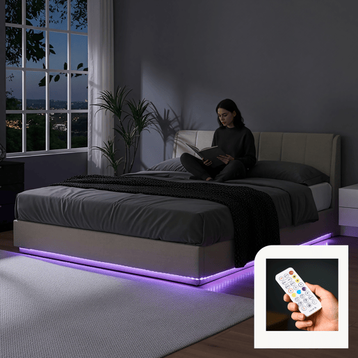 Cama estofada Tröstiar LED com base de ripas dobrável + colchão 180x200cm - Bege en.casa