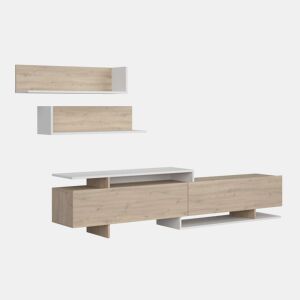 Móvel para sala de estar e jantar, com rack para TV e prateleiras, 200 cm, modelo Orlis com 2 portas de abrir, acabamento em carvalho artesanal e melamina branca fosca.