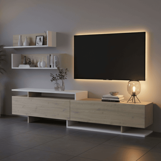 Móvel para sala de estar e jantar, com rack para TV e prateleiras, 200 cm, modelo Orlis com 2 portas de abrir, acabamento em carvalho artesanal e melamina branca fosca.